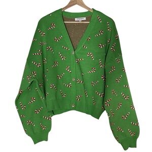 Grayson Threads Boxy Knit Cropped V neck Candy Cane Cardigan Sweater XXL Green